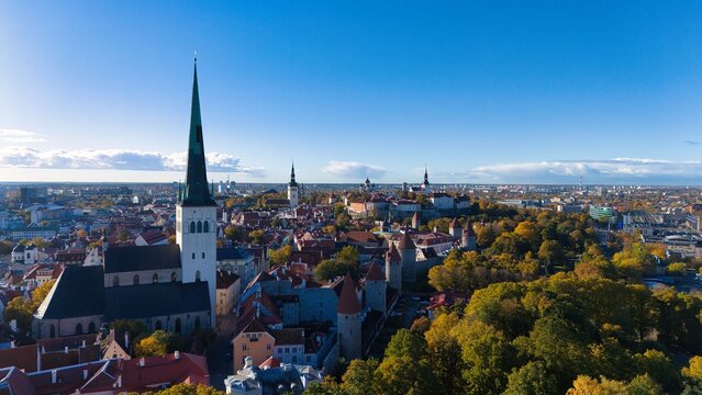 Aerial drone view of St Olafs Church and Tallinn Old Town in Estonia