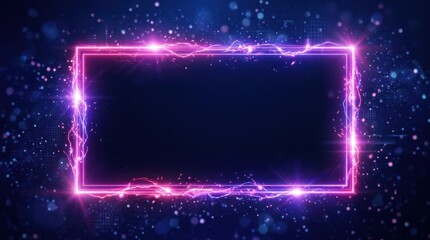 Obraz premium Glowing horizontal neon rectangle frame with vibrant pink and purple energy sparks on dark blue background. Abstract futuristic border featuring sparkling bokeh particles and bright electric flares.