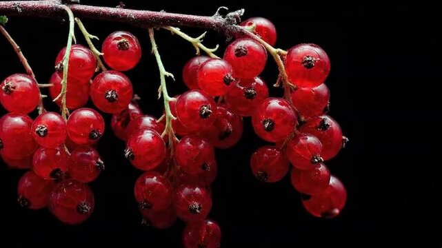 Fresh red currants hanging on a branch, close-up macro shot of ripe summer berries isolated on a black background.