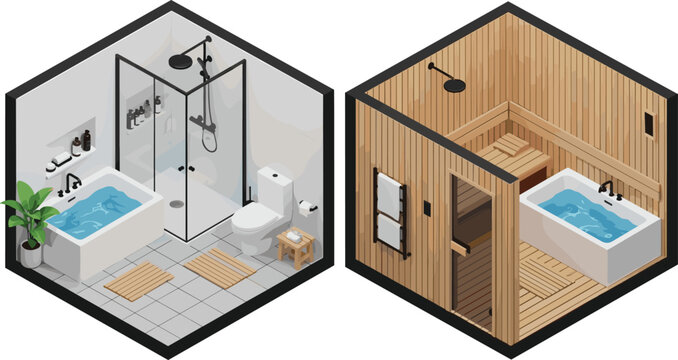 Modern isometric bathroom and wooden sauna room interior design vector set with bathtub shower and spa wellness facilities for home renovation