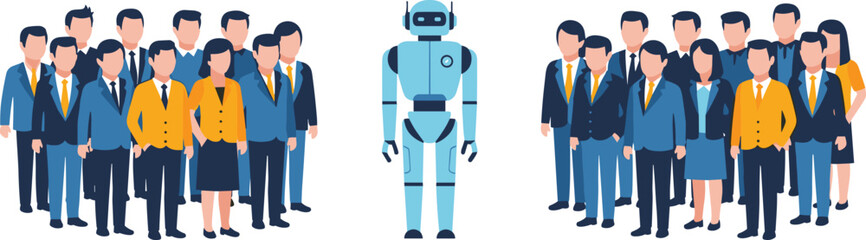 Fototapeta premium Blue robot character standing between two groups of professional business people representing artificial intelligence integration and future workforce automation concepts