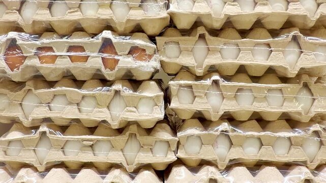 Buying brown eggs and white eggs   at a grocery store 