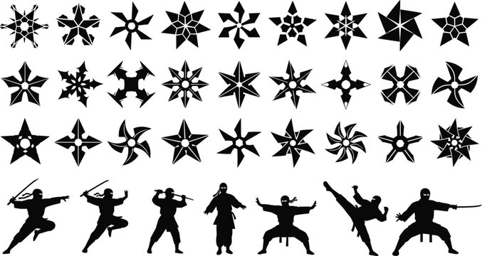 Ninja and Shuriken Icons Set Featuring Martial Arts Poses and Throwing Stars for Action and Combat Themes