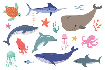 Set of marine life on a white background. Dolphin, whales, shark, starfish, fish, turtle, squid, jellyfish cartoon flat style © Anminsi