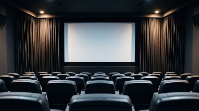A dimly lit movie theater with rows of empty black seats facing a large white screen