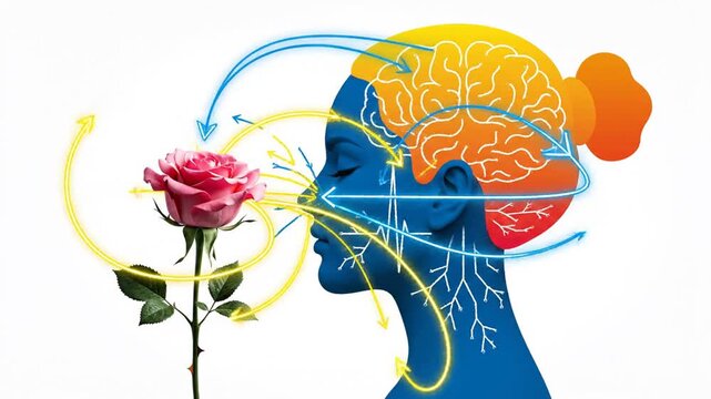 A person's head with brain and flower illustrating emotions and thoughts.