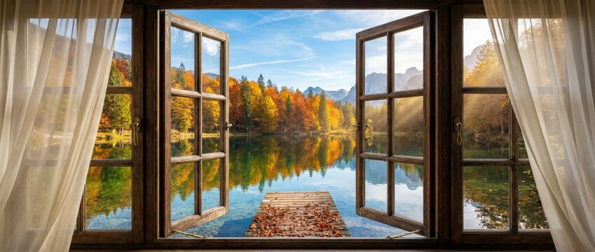 Serene autumn reflection mountain lake scenic landscape calm environment panoramic view nature's beauty unveiled through open windows
