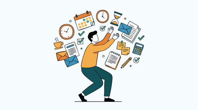 Businessman juggling multiple tasks and managing time pressure