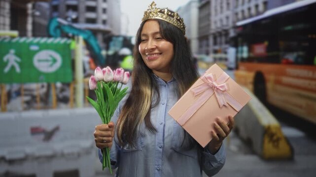 Woman smiling and holding pink gift box and tulip bouquet on street construction site wearing a crown and casual shirt; joy celebration.