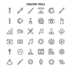 Fototapeta premium A comprehensive collection of line art icons representing various creator tools for design, media production, and digital content creation.