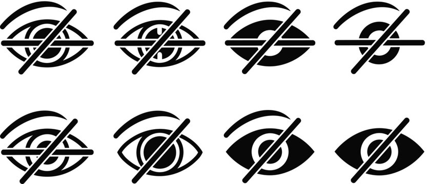 Hidden eye icon set, visibility off, private symbol, digital interface design, slash through eye, privacy graphic, modern UI element