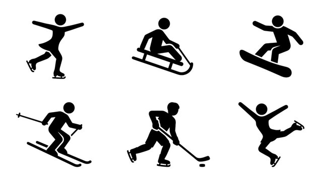 Set of 6 outline winter sports athlete pictogram vector icons black white