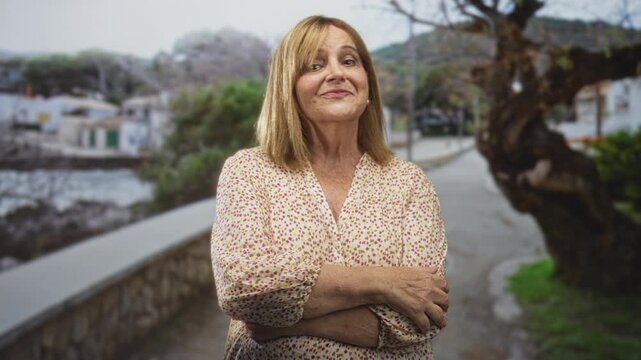 Woman with crossed arms and slight smile on a street by a stone wall and gnarled tree in a seaside village; calm contentment.