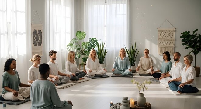 A group of individuals meditating indoors in a calm and serene environment during a wellness session