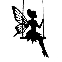 Fototapeta premium Silhouette of fairy sitting on swing with butterfly wings