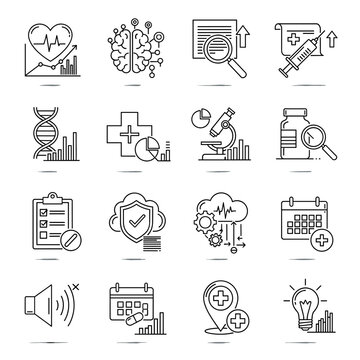 A collection of line icons representing various aspects of healthcare, medical research, digital health, and technology.