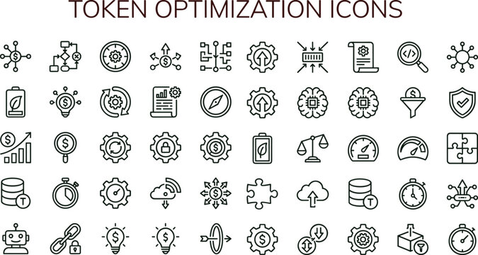 Token optimization line icon set featuring blockchain analytics automation security workflow performance configuration symbols for modern interface design