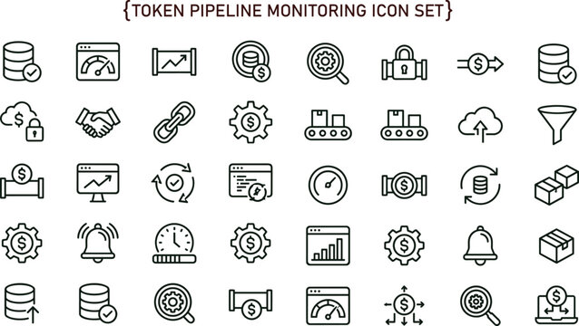 Token pipeline monitoring outline icon set for analytics dashboards applications interfaces workflow automation tracking and digital finance technology systems