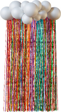 White matte balloon cloud garland with colorful metallic fringe curtain isolated on a transparent background. Realistic foil fringe tinsel curtain for birthday decor, photo booth, and event design.