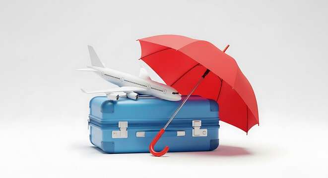 Conceptual representation of travel insurance covering a suitcase with an airplane and umbrella symbolizing protection