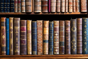 Old antique books with ornate bindings and gilded spines arranged on a wooden bookshelf. Вackground for themes of education, literature, research and culture.