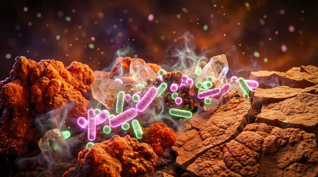Microscopic Visualization of Glowing Extremophile Bacteria on Alien Soil.