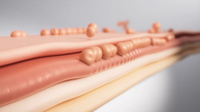 Macro close-up of ceramide molecules integrating into skin lipid layers, illustrating dynamic skin barrier repair and molecular interaction under soft lighting.