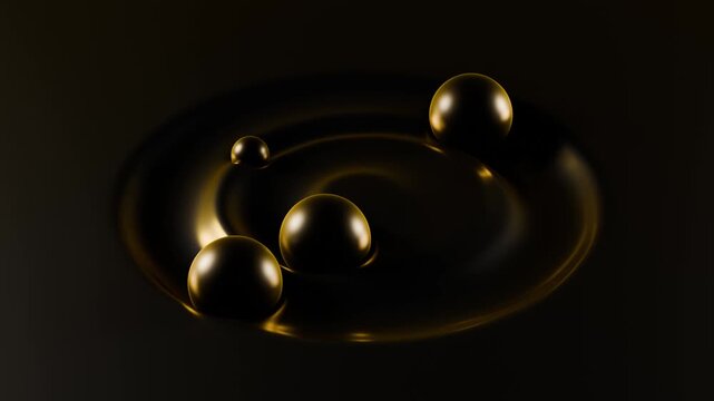 Abstract Gold Spheres Orbit on Black Background, Luxury Fintech Crypto Motion Concept