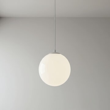 A minimalist white spherical pendant fixture hangs suspended from the ceiling in a neutral interior space, capturing clean design, pendant, wire, copy space