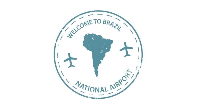 Circular stamp design shows Brazil's map centered. Two airplane icons flank the map. Text reads Welcome to Brazil and National Airport. Simple teal on white background. Ideal for travel, tourism