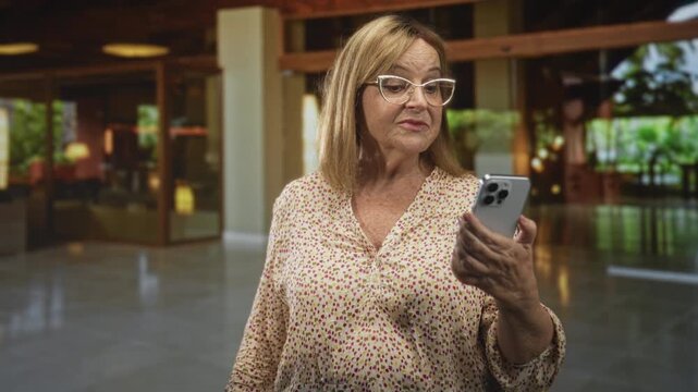Woman holding smartphone and showing thumbs up with hand in a building lobby while checking the screen, wearing glasses and floral blouse; confidence connection.