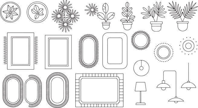 Home interior decor set with potted plants mirrors lamps and rugs for room furniture arrangement and interior design vector.