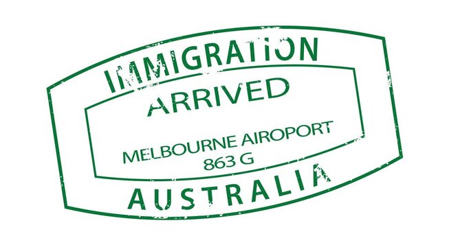 Green immigration stamp shows arrival in Melbourne, Australia. Text reads Immigration Arrived. Stamped mark indicates official entry point. Useful for travel, relocation
