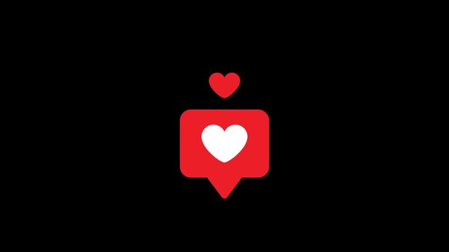 Like notification. Red heart icon pulse animation with flying heart from speech bubble social media like notification alpha channel ui design for apps web engagement interaction communication symbol