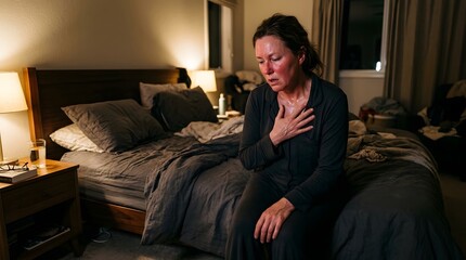 Fototapeta premium Midlife Woman Hot Flash Night Candid Authentic Menopause Perimenopause Stock Photo Real Age No Makeup Bedroom Natural Light Documentary