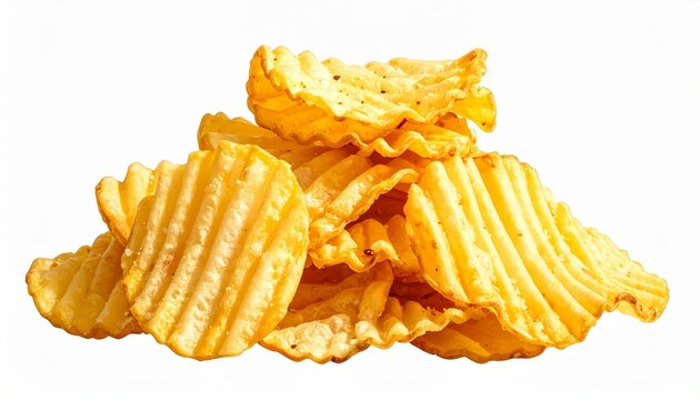 Golden crinkle-cut potato chips piled high, crisp texture highlighted by sheen, symbolizing indulgence, casual snacking, comfort food, crunchy delight, savory flavor, and irresistible temptation.