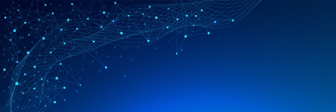 Abstract technology and science geometric polygonal shape and wave flow on dark blue background vector. Modern network connection, communication. Design for web banner, cover and presentation.