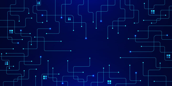 Digital technology background vector. Futuristic line connections or circuit board with AI chip and electronic components. Design for machine learning, web banner, presentation template.
