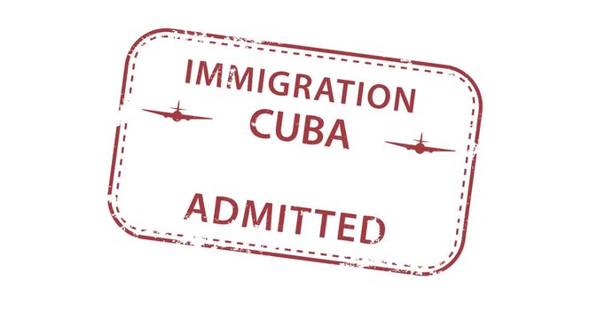 Stylized red immigration stamp reads Immigration Cuba Admitted. Dotted border adds official feel. Text bold and centered. Clean white background enhances visibility. Ideal for travel, visa