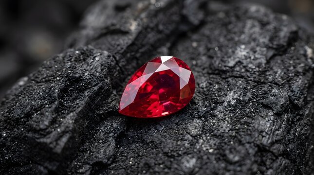 Red gemstone on dark rock surface representing luxury precious stone elegance rarity wealth and natural mineral beauty concept