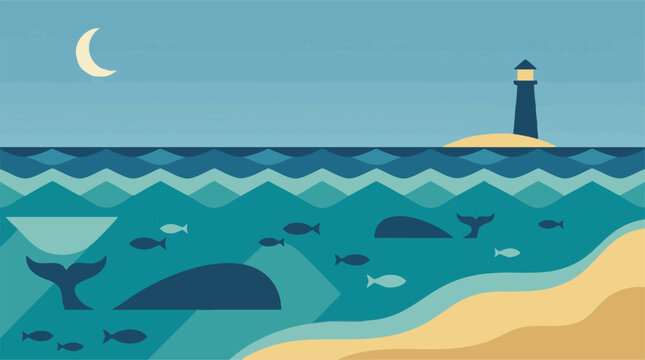 Minimalist flat design seascape with lighthouse, marine life, and moon