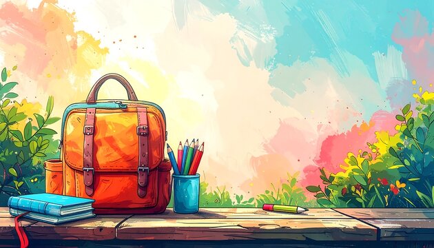 A vibrant school scene with a backpack, books, pencils on a wooden table, with colorful, blended sky and foliage