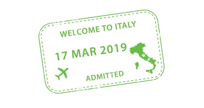 Green passport stamp shows Italy welcome entry. Map of Italy visible on stamp design. Stamped phrase includes admitted. Suitable for travel, tourism, or immigration themes