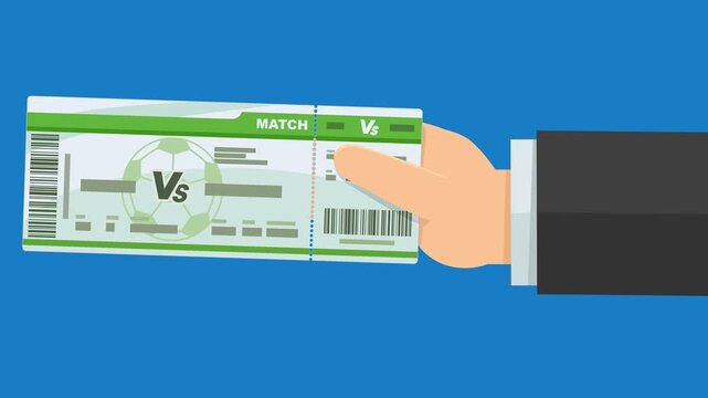 Hand holding a football match ticket. Concept of sports entertainment, betting, or competition attendance. Blue sky.