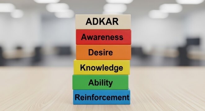 ADKAR model change management concept, colorful wooden blocks with awareness desire knowledge ability reinforcement text, business strategy framework