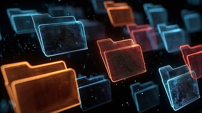 Digital data folders floating and moving through a conceptual cyber network, representing information storage, cloud computing, and big data management in a technologically advanced environment