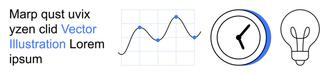 Data analysis, creativity, productivity, decision-making, market trends, and innovation. Minimalist chart, clock and lightbulb visuals. Data analysis and creativity concept © robu_s