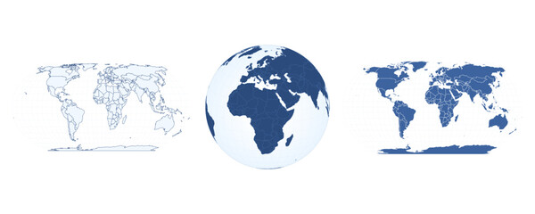 Premium Vector World Map Bundle: 3 Projections, 3D Globe and Flat Geographic Infographic in Business Blue © Anastasiia