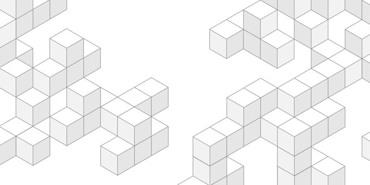 Isometric cubes. Linear geometric drawing. Abstract white background from cubes and lines. Vector illustration.