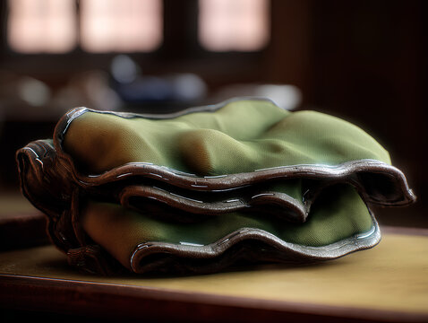 A neatly foA neatly folded olive-green uniflded olive-green uniform shirt, stitched along the edges with faint, glowing AI circuitry. Set on a flat, cream-colored surface, bathed in soft window light.
